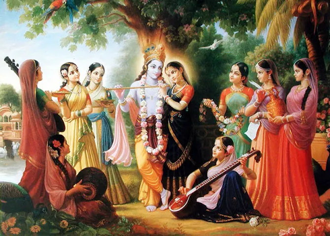 Traditional painting of Shri Krishna with the gopis in Vrindavan