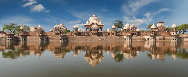 Kusum Sarovar near Govardhan reflected in still water